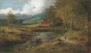 Figures On A Country Track Beside A Pool by J. Westall