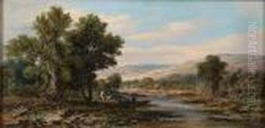 Fishermen In An Upland River Landscape by J. Westall