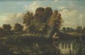 Fisherman In A Boat In A River Landscape by William Westall