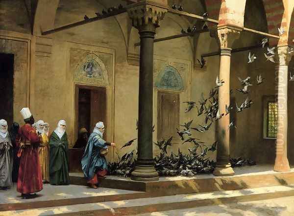 Harem Women Feeding Pigeons in a Courtyard - view 1