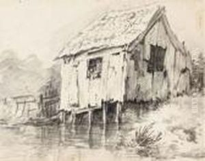 A Cottage By A Stream (recto); And A Rowboat On A Stream(verso) by George Pieter Westenberg