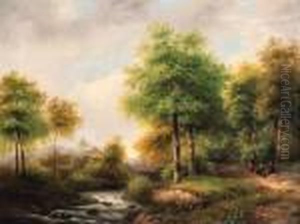 A Summer Landscape With Peasants Resting In A Forest By Astream - view 1