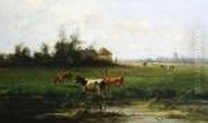 Cattle By A Stream, A Windmill Beyond by Cornelis I Westerbeek