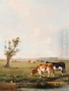 Cows Grazing In A Summer Meadow by Cornelis I Westerbeek