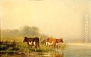 Two Cows Near The Water by Cornelis I Westerbeek