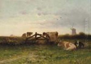 Cows In A Meadow With A Windmill At Sunset by Cornelis I Westerbeek