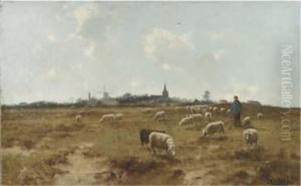 A Shepherd With His Flock, A Village In The Distance - view 1