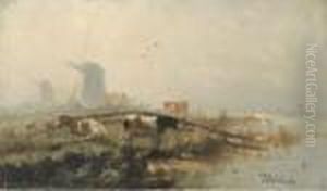 Cattle By An Estuary, Windmills Beyond by Cornelis I Westerbeek