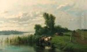 A Polder Landscape With Watering Cows