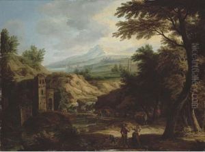 An Italianate Extensive River Landscape With Travellers On A Path By A Fortified Tower
