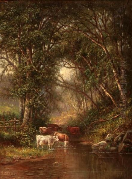Woodland River Landscape With Cows - view 1