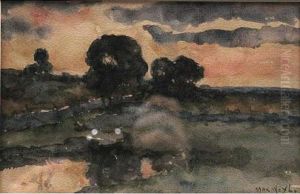Trees In A Landscape At Sunset Trees In A Landscape At Sunset
