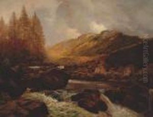 A Highland River With Waterfall In The Foreground by James Whaite