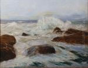 Waves Breaking Upon A Rocky Shore, On Canvas,signed J.w. Lower Left by John Laviers Wheatley