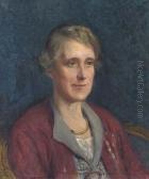 Portrait Of A Lady, Seated Bust-length, In A Maroon Cardigan And Brooch - view 1