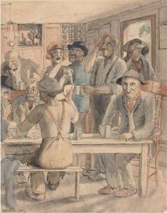 Birthday Card Design Of Figures Drinking In A Tavern by Rex John Whistler