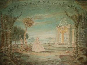 Exotic Garden Landscape, With
Lady In Elegant 18th Century Style Costume Stood Before A Gazebo And
Palm Tree, With Lake And Hills Visible Beyond by Rex John Whistler