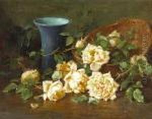 A Basket Of Yellow Roses And A Blue Vase by Edith White