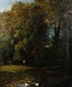 A Figure By A Stream In A Woodland A Figure By A Stream In A Woodland