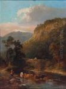 A Country Scene With Stone Bridge And Cattle A Country Scene With Stone Bridge And Cattle