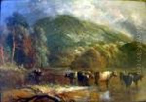 Cattle Watering In A Mountain Lake by Thomas Whittle