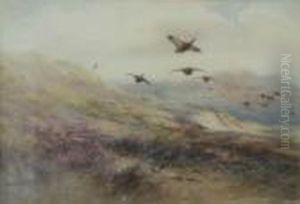 Grouse In Flight Over Moorland by Charles Whymper