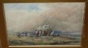 Gathering The Hay, Signed And
Dated 'j.w. Whymper 1877', Watercolour Heightened With White And
Bodycolour by Josiah Wood Whymper