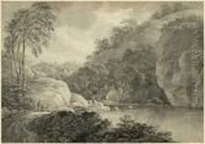 Felsige Flusslandschaft Mit Wanderern Und Hausern