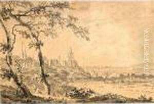 An Extensive Riverlandscape With Travellers Resting On A Path by Nicolaes Wicart
