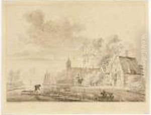 A Village By A River, With A Cart On A Path
