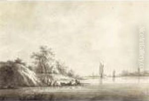A View Of Diest On The River 
Maas, With Figures In A Rowing Boat And A Church In The Distance