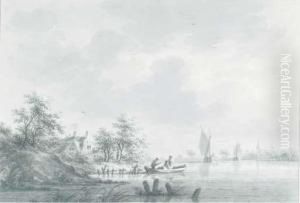 The Village Of Hael On The River Waal, With Boatmen At A Landingstation