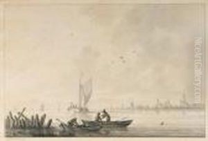 Fishermen And Shipping On A River, A Town Beyond
