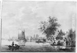 A Village On A River With Fishermen In Their Boats A Village On A River With Fishermen In Their Boats