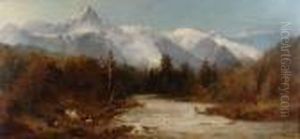 Alpine River Landscape With Fishermen On The Riverbank by William Widgery