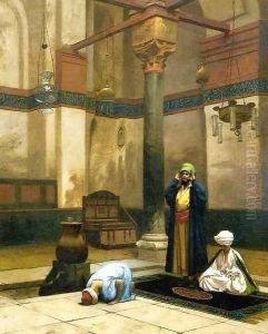 Three Worshippers Praying in a Corner of a Mosque
