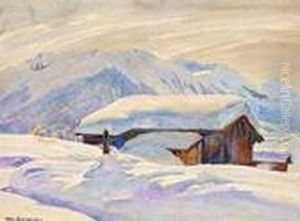 Tief Verschneite Gebirgslandschaft Mit Hutten An Einem Sonnigen Tag