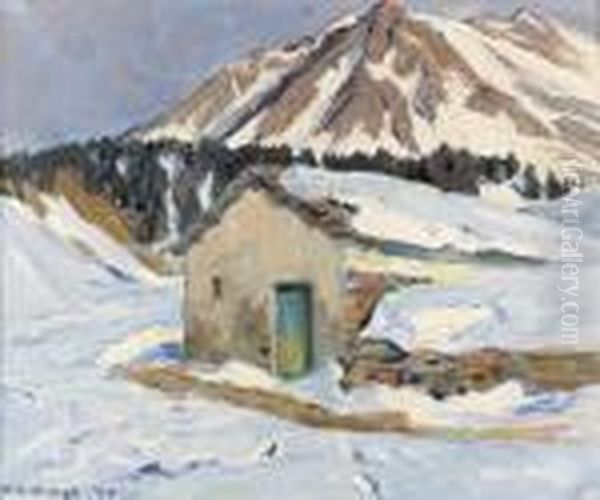 Verschneite Landschaft Mit Kleiner Hutte Beim Sanbernadino. - view 1