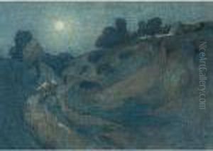 Cattle In A Hilly Landscape At Moonlight by Dirk Wiggers