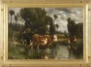 Cows In A Marshy Stream With Distant Fence And Trees by John Carleton Wiggins
