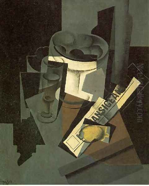 Fruit Dish Glass And Lemon Still Life With Newspaper - view 1