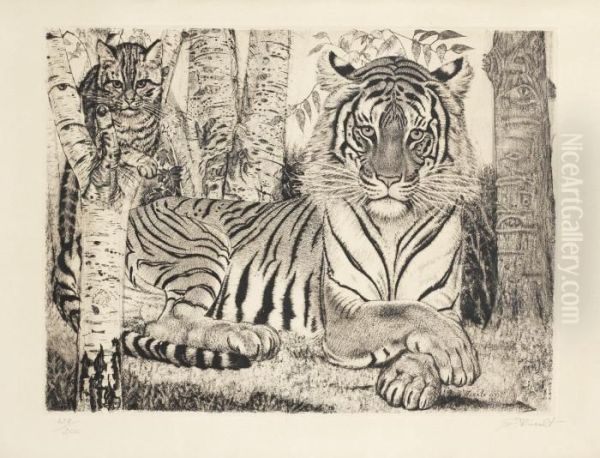 Reclining Tiger And Cat - view 1