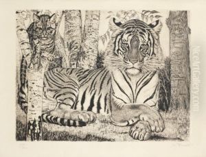Reclining Tiger And Cat by Eduard Wiiralt