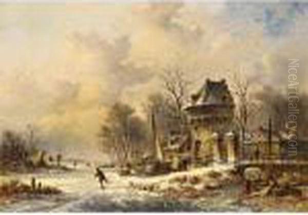 A Winter Landscape With Skaters Near A Village - view 1