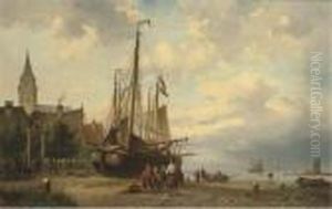 Fishermen Along A Shoreline By A Village by Nicolaas Martinus Wijdoogen
