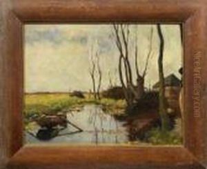 Landschaft Mit Altem Ruderboot An Einem Kanal Landschaft Mit Altem Ruderboot An Einem Kanal