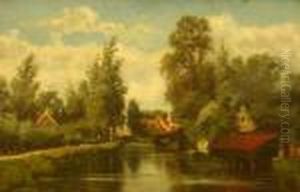 Dorpje Aan De Rivier. Gesigneerd Dorpje Aan De Rivier. Gesigneerd