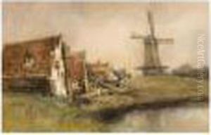 Houses And A Windmill In A Riverlandscape