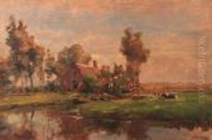 A Sunlit Farmyard Along A Canal