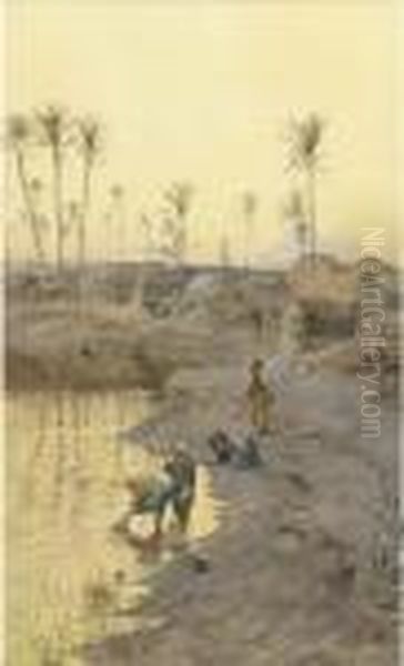 Watercarriers Before The Pyramids At Dusk - view 1